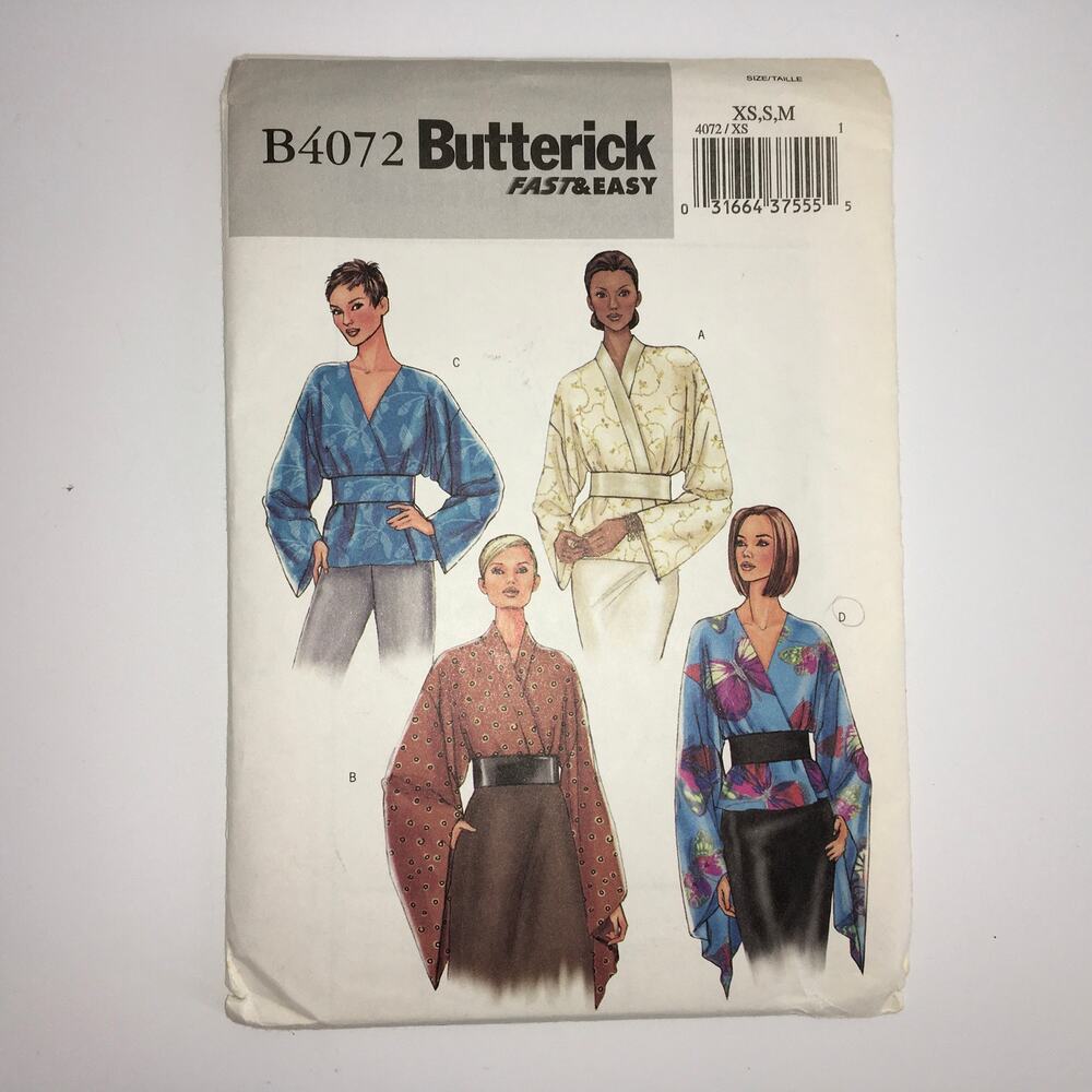 Butterick Sewing Pattern B4072 Oriental Kimono Kaftan Wide Sleeve Top XS-M UNCUT